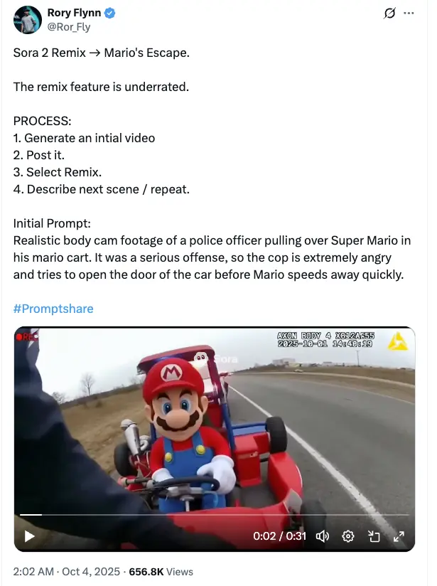 Sora 2 AI Remix feature combining Super Mario character with real highway footage